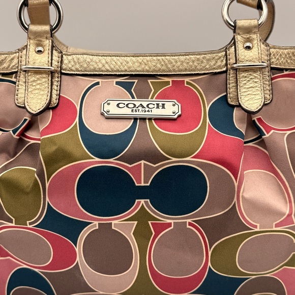 Coach Signature Multi-Color Satin Tote Bag with Metallic Gold Trim Shoulder Bag - Picture 2 of 16